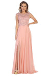 A-line Slit Illusion Applique Beaded Semi Sheer Sheer Back Cap Sleeves Natural Waistline Bateau Neck Dress