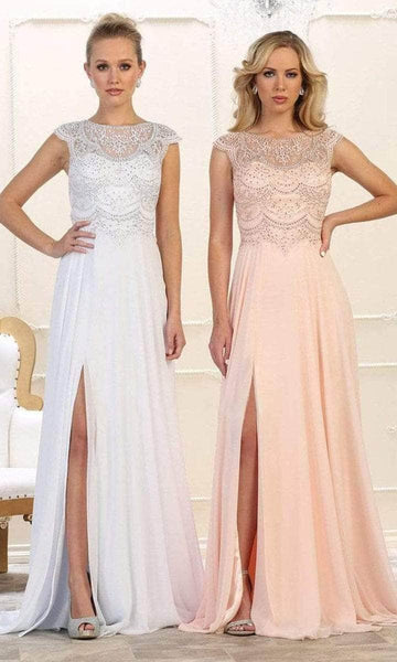 A-line Slit Beaded Sheer Back Semi Sheer Illusion Applique Bateau Neck Natural Waistline Cap Sleeves Dress