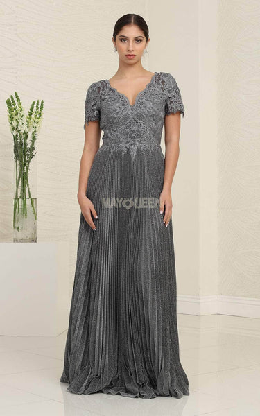 A-line V-neck Lace Short Sleeves Sleeves Embroidered Applique V Back Pleated Sweetheart Natural Waistline Floor Length Evening Dress