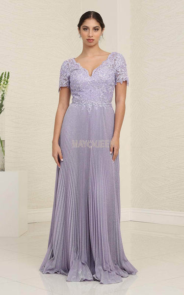 Modest A-line V-neck V Back Embroidered Glittering Pleated Illusion Short Sleeves Sleeves Floor Length Lace Natural Waistline Evening Dress