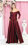 A-line Satin Lace-Up Faux Wrap Slit Floor Length Long Sleeves Off the Shoulder Natural Waistline Evening Dress