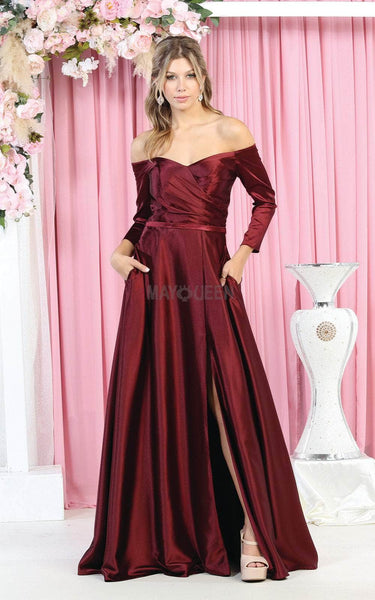 A-line Long Sleeves Off the Shoulder Floor Length Slit Lace-Up Faux Wrap Satin Natural Waistline Evening Dress
