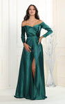 A-line Long Sleeves Off the Shoulder Floor Length Satin Natural Waistline Lace-Up Slit Faux Wrap Evening Dress