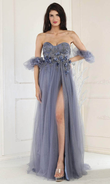 Strapless Floor Length Floral Print Lace-Up Fitted Slit Elasticized Natural Waistline Dress with a Brush/Sweep Train