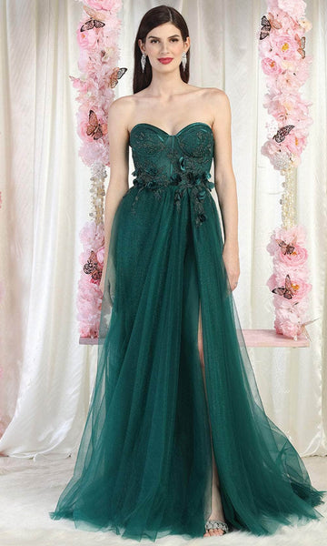 Strapless Slit Lace-Up Fitted Floor Length Elasticized Natural Waistline Floral Print Dress with a Brush/Sweep Train