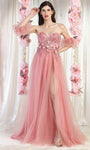 Strapless Lace-Up Slit Fitted Floor Length Elasticized Natural Waistline Floral Print Dress with a Brush/Sweep Train