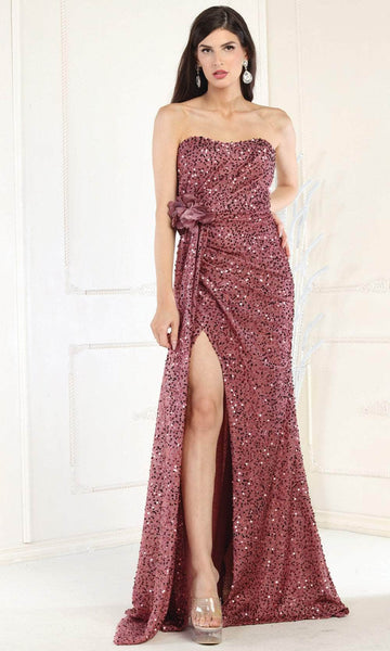 Sexy Sophisticated Strapless Mermaid Gathered Sequined Slit Shirred Back Zipper Applique Sweetheart Floral Print Natural Waistline Prom Dress with a Brush/Sweep Train