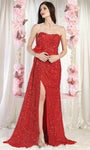 Sexy Sophisticated Strapless Sweetheart Mermaid Natural Waistline Floral Print Applique Back Zipper Sequined Shirred Gathered Slit Prom Dress with a Brush/Sweep Train