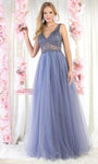 Sophisticated A-line V-neck Sleeveless Floor Length Natural Waistline Applique Pleated Party Dress With Ruffles