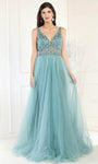 Sophisticated A-line V-neck Floor Length Sleeveless Natural Waistline Applique Pleated Party Dress With Ruffles