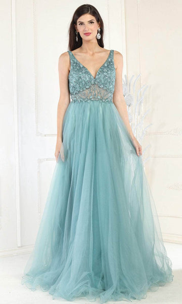 Sophisticated A-line V-neck Natural Waistline Floor Length Sleeveless Applique Pleated Party Dress With Ruffles