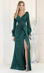 Sophisticated V-neck Floor Length Natural Waistline Ruched Slit Open-Back Back Zipper Long Sleeves Sheath Sheath Dress/Evening Dress