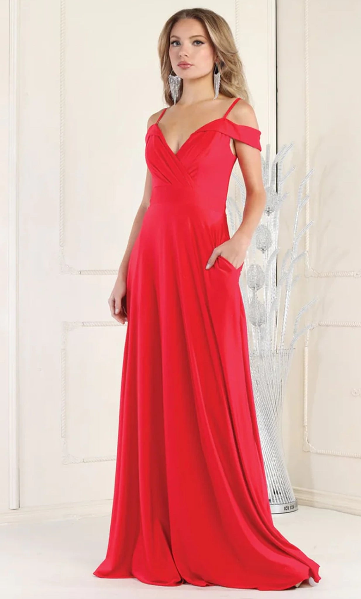 A-line V-neck Cold Shoulder Sleeves Stretchy Ruched Back Zipper Pocketed Natural Waistline Prom Dress