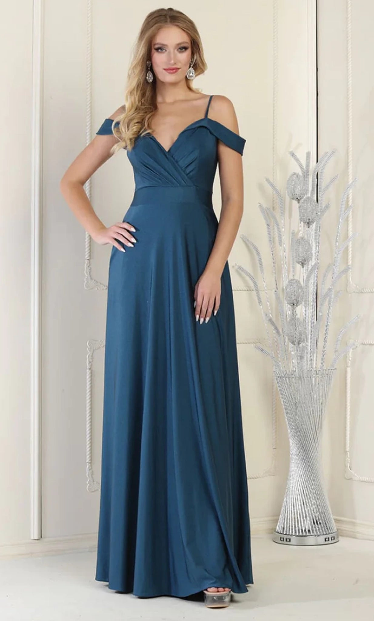 A-line V-neck Cold Shoulder Sleeves Pocketed Stretchy Back Zipper Ruched Natural Waistline Prom Dress