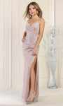 V-neck Slit Back Zipper Ruched Sheath Natural Waistline Sleeveless Spaghetti Strap Sheath Dress/Evening Dress