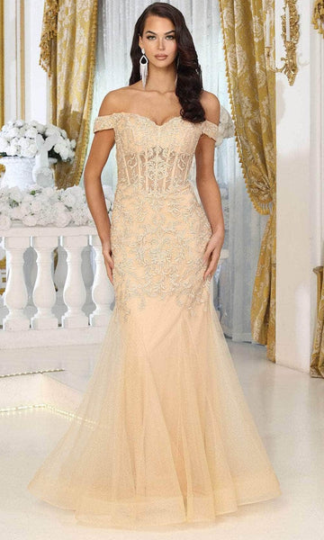 Sophisticated Off the Shoulder Mermaid Applique Sheer Embroidered Corset Natural Waistline Lace Prom Dress with a Brush/Sweep Train With Rhinestones