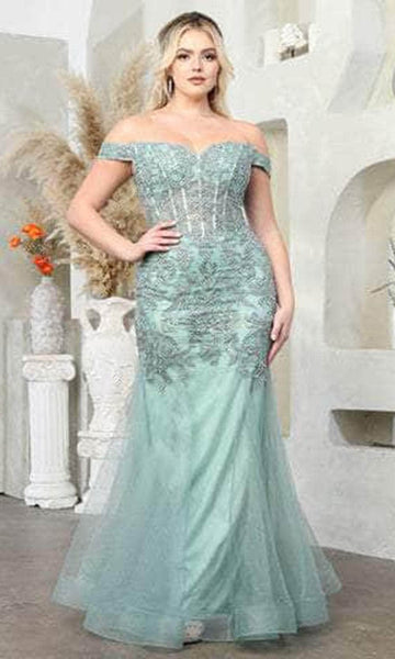 Sophisticated Corset Natural Waistline Off the Shoulder Applique Sheer Embroidered Mermaid Lace Prom Dress with a Brush/Sweep Train With Rhinestones