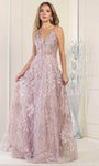 A-line V-neck Floor Length Corset Natural Waistline Lace-Up Sheer Lace Spaghetti Strap Prom Dress