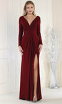 Sophisticated V-neck Natural Waistline Gathered Pleated Faux Wrap Slit Sheath Plunging Neck Floor Length Long Sleeves Sheath Dress/Evening Dress with a Brush/Sweep Train