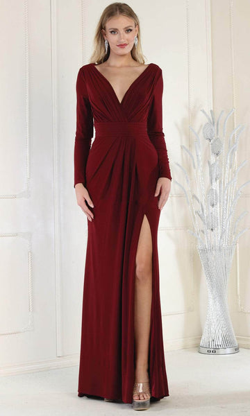 Sophisticated V-neck Long Sleeves Natural Waistline Floor Length Faux Wrap Gathered Slit Pleated Sheath Plunging Neck Sheath Dress/Evening Dress with a Brush/Sweep Train