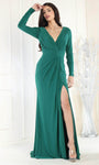 Sophisticated V-neck Sheath Pleated Slit Faux Wrap Gathered Floor Length Natural Waistline Plunging Neck Long Sleeves Sheath Dress/Evening Dress with a Brush/Sweep Train