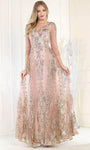 A-line V-neck Floor Length Open-Back Sheer Belted Sequined Glittering Lace-Up Corset Natural Waistline Prom Dress