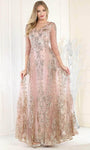 A-line V-neck Corset Natural Waistline Open-Back Glittering Lace-Up Belted Sheer Sequined Floor Length Prom Dress