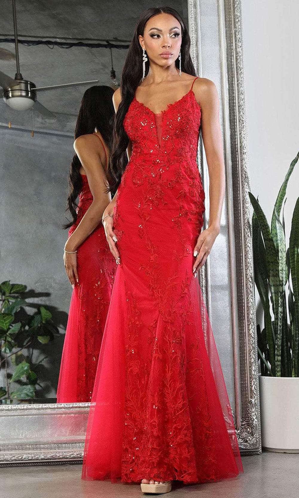 May Queen MQ2030 - Plunging Embroidered Prom Dress
