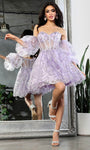 A-line Strapless Lace-Up Glittering Sheer Sweetheart Corset Natural Waistline Floral Print Puff Sleeves Sleeves Cocktail Short Dress