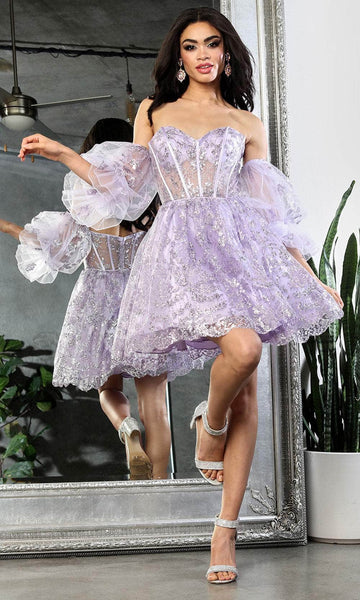 A-line Strapless Puff Sleeves Sleeves Cocktail Short Sweetheart Floral Print Corset Natural Waistline Glittering Lace-Up Sheer Dress