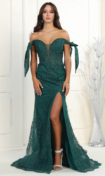 Off the Shoulder Natural Waistline Embroidered Back Zipper Sheer Illusion Slit Mermaid Prom Dress with a Brush/Sweep Train With a Bow(s)