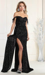 Off the Shoulder Natural Waistline Sheath Back Zipper Sequined Slit Sheath Dress/Prom Dress with a Brush/Sweep Train With a Sash