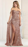 Off the Shoulder Natural Waistline Sequined Slit Back Zipper Sheath Sheath Dress/Prom Dress with a Brush/Sweep Train With a Sash