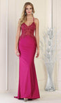 Sophisticated V-neck Floor Length Beaded Sheer Fitted Illusion Back Zipper Sheath Natural Waistline Sleeveless Sheath Dress/Evening Dress with a Brush/Sweep Train