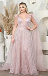 A-line V-neck Natural Waistline Sleeveless Beaded Sheer Plunging Neck Evening Dress with a Brush/Sweep Train With a Bow(s)