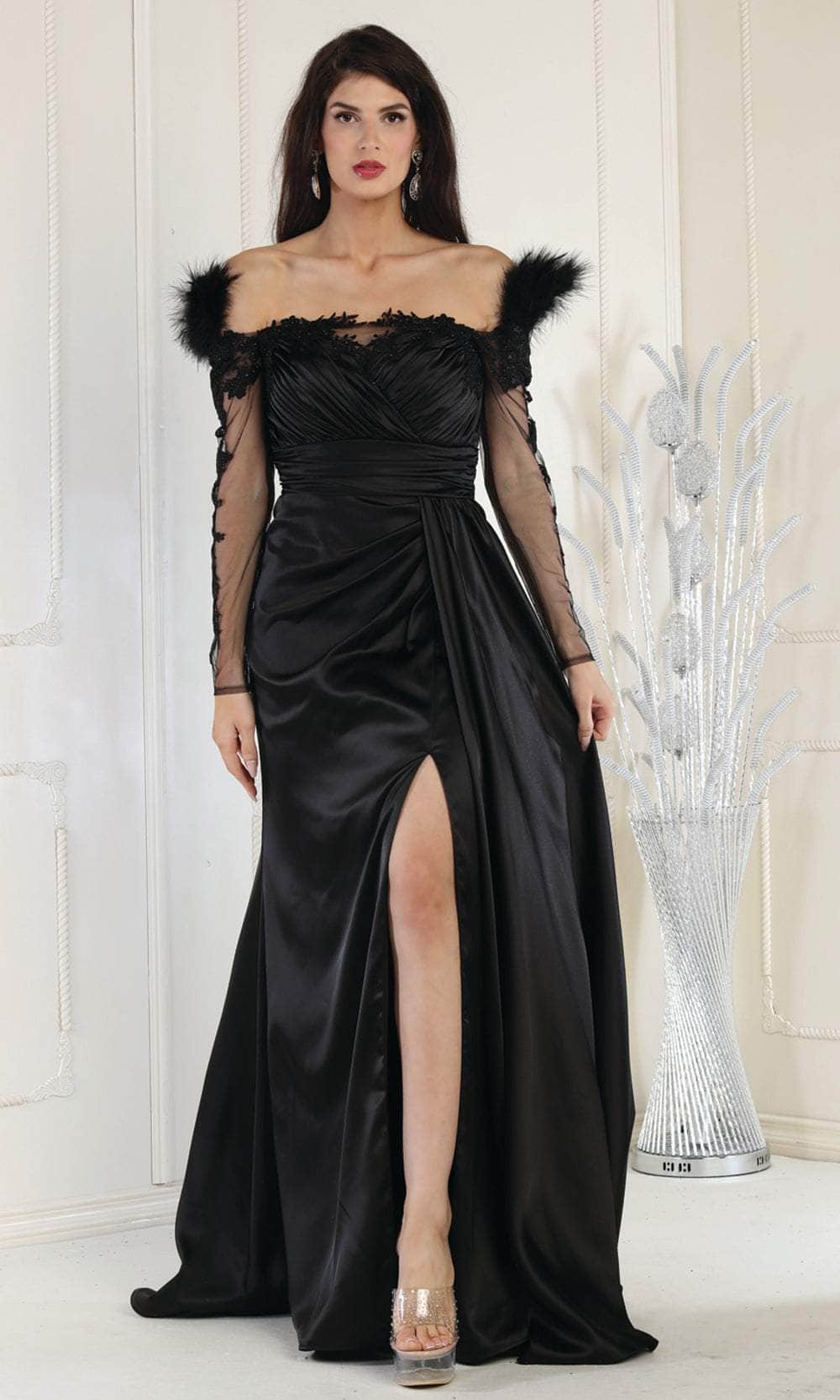 May Queen RQ8002 - Off-Shoulder Feather Detail Evening Dress
