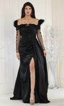 A-line Slit Sheer Ruched Back Zipper Floor Length Long Sleeves Off the Shoulder Empire Waistline Sweetheart Evening Dress with a Brush/Sweep Train