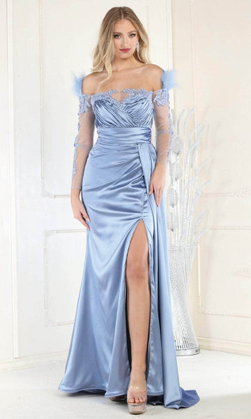 A-line Floor Length Empire Waistline Slit Ruched Sheer Back Zipper Sweetheart Long Sleeves Off the Shoulder Evening Dress with a Brush/Sweep Train