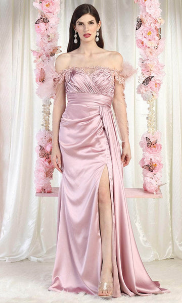 A-line Floor Length Ruched Back Zipper Slit Sheer Empire Waistline Long Sleeves Off the Shoulder Sweetheart Evening Dress with a Brush/Sweep Train