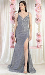 Tall V-neck Mermaid Metallic Beaded Open-Back Slit Spaghetti Strap Natural Waistline Prom Dress with a Brush/Sweep Train