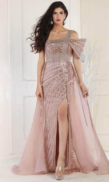 A-line Sheath Natural Waistline Short Sleeves Sleeves Off the Shoulder One Shoulder Asymmetric Open-Back Sequined Beaded Slit General Print Sheath Dress/Prom Dress with a Brush/Sweep Train