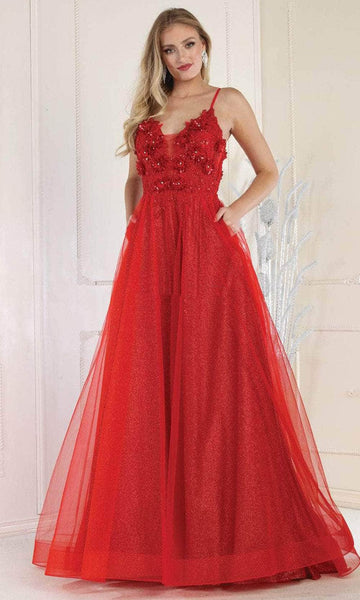 A-line V-neck Natural Waistline Plunging Neck Spaghetti Strap Sheer Mesh Glittering Applique V Back Open-Back Fitted Beaded Floral Print Prom Dress with a Brush/Sweep Train