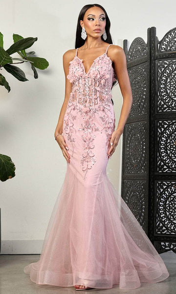 Sophisticated V-neck Basque Corset Waistline Back Zipper Applique Sheer Open-Back Beaded Mermaid Spaghetti Strap Floral Print Prom Dress with a Brush/Sweep Train