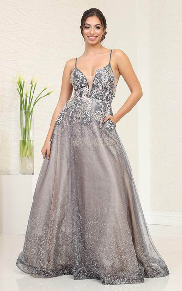 A-line V-neck Beaded Illusion Sheer Glittering Plunging Neck Sleeveless Spaghetti Strap Natural Waistline Prom Dress with a Brush/Sweep Train