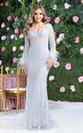 V-neck Natural Waistline Beaded Sheer Floor Length Sheath Long Sleeves Plunging Neck Sheath Dress/Evening Dress/Prom Dress