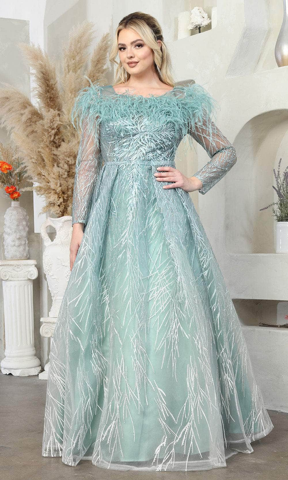 May Queen RQ8044 - Feather Trim Scoop Neck Prom Gown
