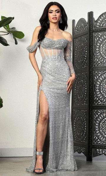 Cowl Neck Sweetheart Corset Natural Waistline Cap Long Sleeves Off the Shoulder Lace Slit Sequined Applique Illusion Open-Back Sheath Sheath Dress/Prom Dress with a Brush/Sweep Train