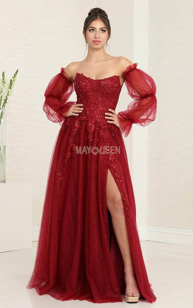 A-line Strapless Sweetheart Lace Corset Natural Waistline Sheer Long Sleeves Illusion Applique Slit Sheer Beaded Prom Dress with a Brush/Sweep Train
