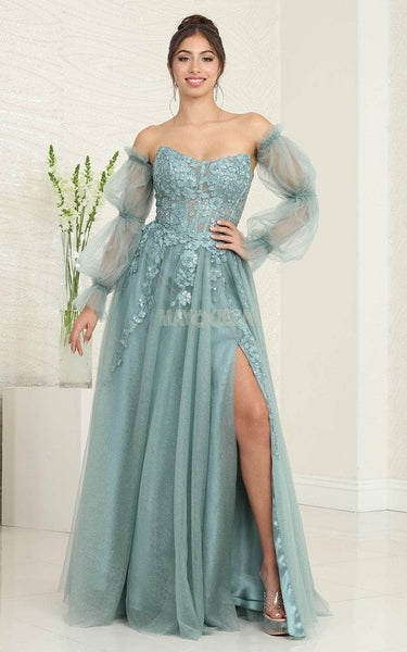 A-line Strapless Corset Natural Waistline Lace Sheer Long Sleeves Sweetheart Illusion Applique Slit Sheer Beaded Prom Dress with a Brush/Sweep Train