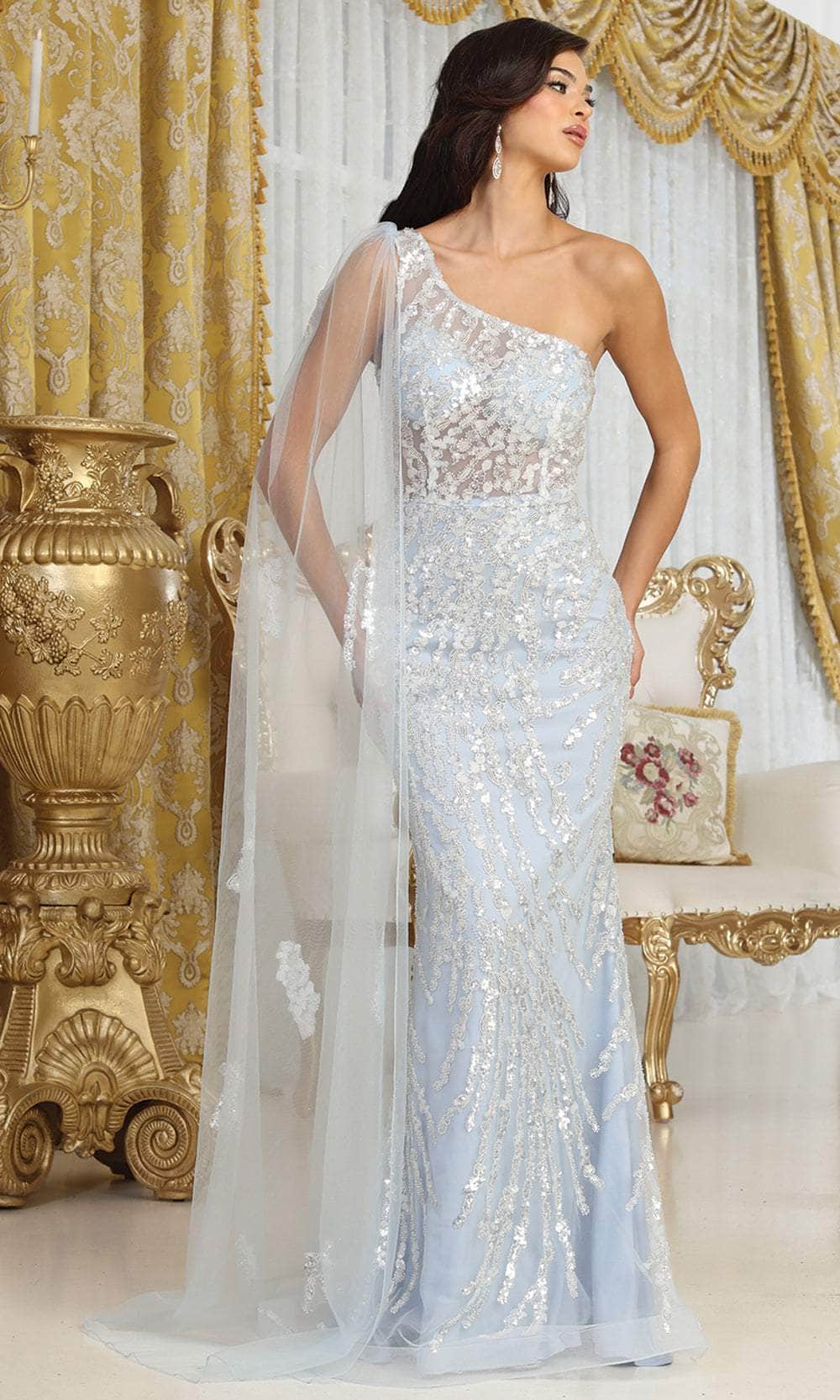 May Queen RQ8075 - Asymmetric Beaded Prom Gown with Cape

